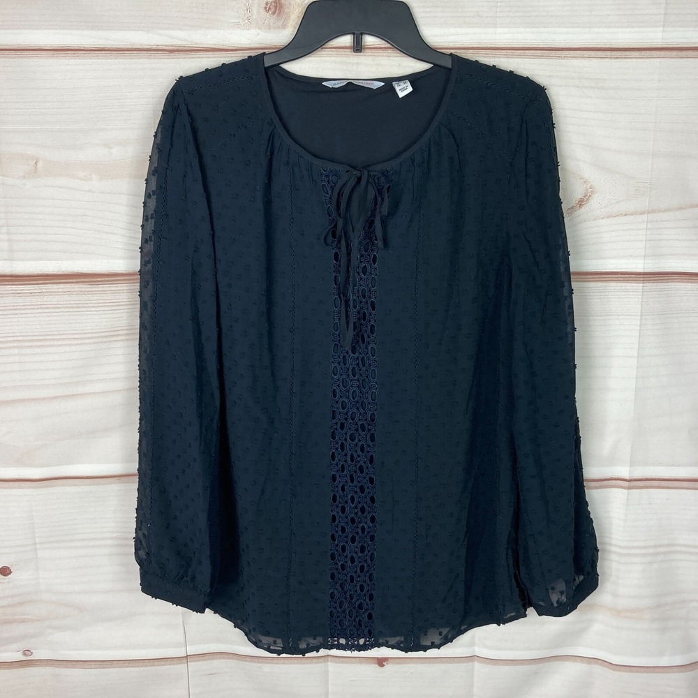 Isaac Mizrahi Live Top Womens 10‎ Black Swiss Dot Blouse Tie Neck Long Sleeve